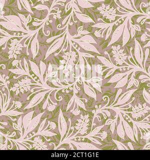 Motivo floreale senza cuciture con foglie e bacche in verde chartreuse tavolozza rosa, disegnata a mano e digitalizzata. Design per carte da parati, tessuti, tessuti. Illustrazione Vettoriale