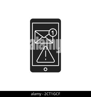 Icona di glifo nero scam via e-mail su sfondo bianco. Frode sul Web. Invio di lettere. Attacco spamming. Pittogramma per pagina web, app mobile, promo. GUI UI UX Illustrazione Vettoriale