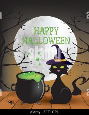 Felice carta di Halloween con calderone e gatto, vettore Illustrazione Vettoriale