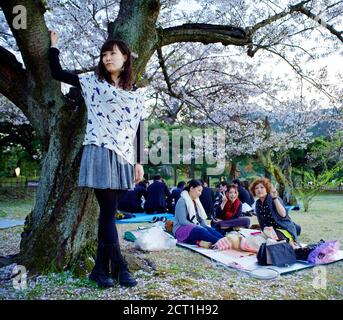 Ragazze giapponesi che hanno picnic nel giardino di ritsurin koen, città di Takamatsu, Shikoku, Giappone 2012. Gli impiegati stanno avendo un picnic sullo sfondo. Foto Stock