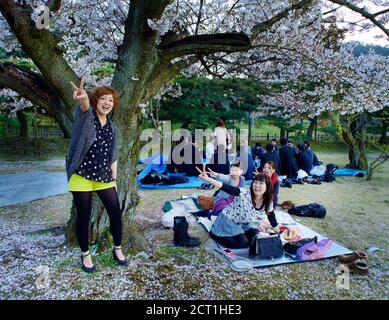 Ragazze giapponesi che hanno pic-nic nel giardino di ritsurin koen, città di Takamatsu, Shikoku, Giappone. Gli impiegati stanno avendo un picnic sullo sfondo. Foto Stock