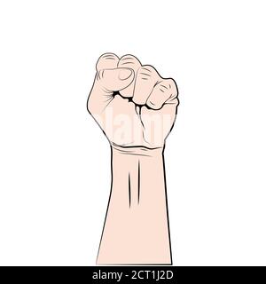 Fist up - simbolo di protesta, rivoluzione o forza. Mano rialzata isolata su sfondo bianco. Firma del concept. Vettore Illustrazione Vettoriale