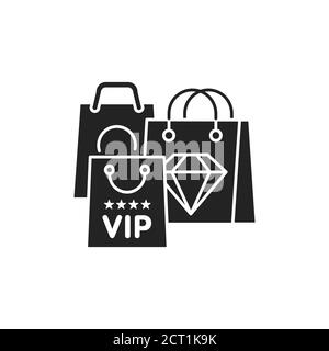 VIP shopping glyph icona nera. Concetto di stile di vita di lusso. Accedi alla pagina Web, all'app mobile, al pulsante, al logo. Illustrazione Vettoriale