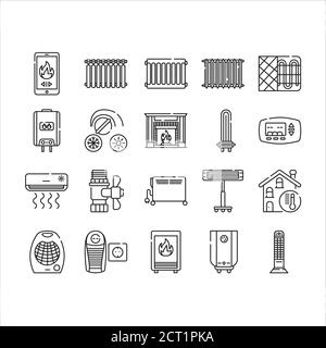 Set di icone della linea nera dei dispositivi di riscaldamento. Un sistema di riscaldamento centralizzato fornisce calore all'intero edificio. Pittogramma per pagina web, app mobile, promo. UI UX Illustrazione Vettoriale