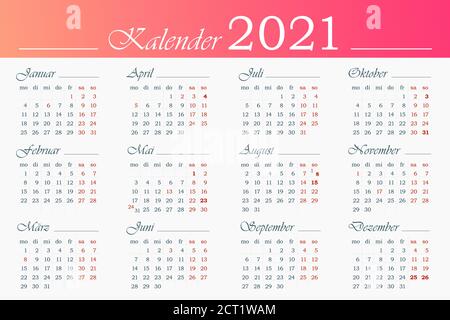 Calendario 2021 modello in tedesco. 12 mesi con eventi di vacanza in evidenza. La settimana inizia il lunedì. Design del calendario modificabile con vettore orizzontale. Illustrazione Vettoriale