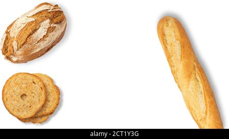 Isolò diversi tipi di pane su sfondo bianco. Foto di varietà di pane con spazio per la copia. Vista dall'alto. Collegato a panetteria e pasticceria. Foto Stock