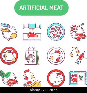Set di icone della linea di colori della carne artificiale. Carne coltivata. Carne coltivata in coltura cellulare invece che all'interno degli animali. Pittogramma per pagina web, app mobile, promo Illustrazione Vettoriale