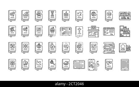 Generi di libri set di icone di linea nera. Raccolta di tutti i generi in letteratura. Pittogramma per pagina web, app mobile, promo. Elemento di progettazione GUI UI UX. Illustrazione Vettoriale