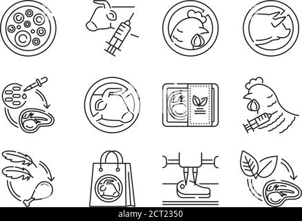 Set di icone di linea nera di carne artificiale. Carne coltivata. Carne coltivata in coltura cellulare invece che all'interno degli animali. Pittogramma per pagina web, app mobile, promo Illustrazione Vettoriale