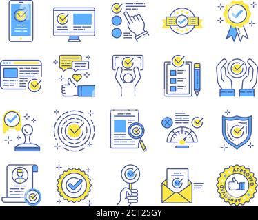 Set di icone della linea di colori degli elementi approvati. Segni di spunta, insieme segni di spunta. Lista di controllo, certificato, documenti, medaglia di premio, simboli di siti web. Illustrazione Vettoriale