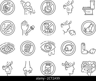 Set di icone nere della linea allergia e dei sintomi. Malattia dermatologica, infettiva. Intolleranza alimentare, avvelenamento. Influenza, influenza. Firma per la pagina Web, cellulare Illustrazione Vettoriale