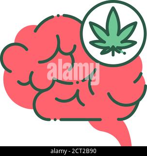 Icona della linea di colore per abuso di droghe e dipendenza. Organi umani cervelli e foglia marijuana. Cattive abitudini. Pittogramma per pagina web, app mobile, promo. Illustrazione Vettoriale