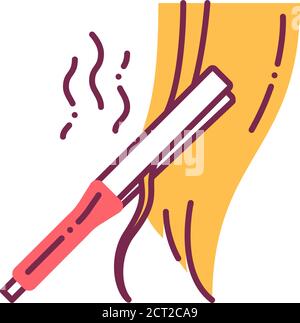 Icona linea di colore capelli dritti. Ferro da stiro. Servizi di parrucchiere. Styling professionale dei capelli. Industria di bellezza. Illustrazione Vettoriale