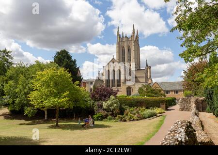 Cattedrale di St Edmundsbury vista da Abbey Gardens, Bury St Edmunds, Suffolk, Regno Unito. Foto Stock