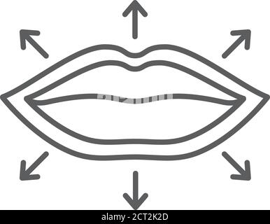 Icona linea nera aumento labbra. Modifica del volume di forma delle labbra. Iniezione ialuronica. Cosmetologia concetto di cura della pelle. Accedi alla pagina Web, app mobile Illustrazione Vettoriale