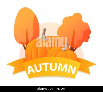 Autunno raccolto di verdure di zucche. Banner con alberi autunnali. Illustrazione Vettoriale