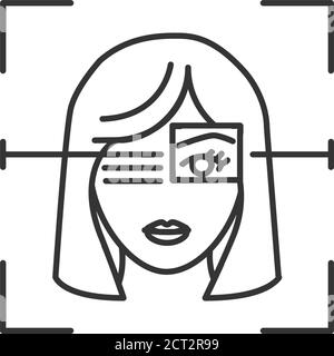 Icona della linea nera della faccia di identificazione. Verifica dell'ID dell'occhio, concetto di persona di riconoscimento. Elemento di sicurezza biometrico. Faccia profonda. Tecnologia di scansione. Segno Illustrazione Vettoriale
