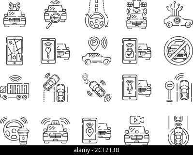 Set autonomo di icone di linee nere. Concetto di guida automatica. Automatico senza conducente. Pittogrammi per pagina Web, app mobile, promo. Illustrazione Vettoriale