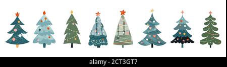 Collezione di alberi di Natale, design moderno e piatto. Adesivi, elementi, poster Merry Xmas, icone. Illustrazione vettoriale Illustrazione Vettoriale