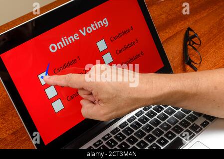 Persona che vota sul computer tramite Internet con testo votazione online Foto Stock