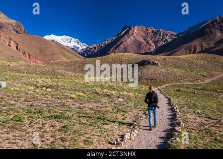 Camminando nel Parco Provinciale di Aconcagua di fronte alla cima di 6961 m, che rende Aconcagua la montagna più alta della catena montuosa delle Ande, provincia di Mendoza, Argentina, Sud America Foto Stock