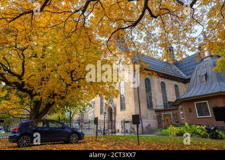 Un'auto parcheggiata sotto un albero nel cortile della Cattedrale di Oslo in autunno gli alberi nel giardino delle foglie diventano gialli e arancioni. Foto Stock