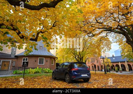 Un'auto parcheggiata sotto un albero nel cortile della Cattedrale di Oslo in autunno gli alberi nel giardino delle foglie diventano gialli e arancioni. Foto Stock