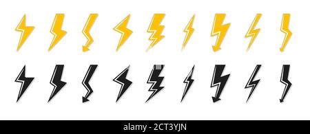 Set di icone fulmini nere e gialle. Simbolo di sciopero elettrico o simbolo di energia e tuonare l'elettricità. Tensione logo modello, velocità potenza. Simbolo flash immagine vettoriale con isolamento antiurto lucido Illustrazione Vettoriale