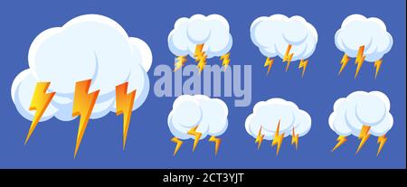 Set di icone fulminee thunderstorm cloud. Segno logo tempesta, tuono e fulmini colpo. Progettare il simbolo meteo per il Web o l'app. Immagine vettoriale isolata con diversi segni di flash ad alta luminosità Illustrazione Vettoriale
