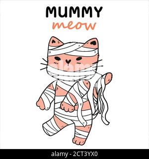 Carino mummy gatto Halloween divertente costume vettore, idea per sublimazione, biglietto di auguri, pianificatore, stampa giornale, stampabile, file svg taglio Illustrazione Vettoriale