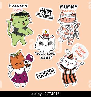 Carino gatto Halloween adesivi collezione, Frankenstein, testa di zucca, mummia, doodle contorni, idea per adesivi, sublimazione, giornale, pianificatore, stampabile Illustrazione Vettoriale