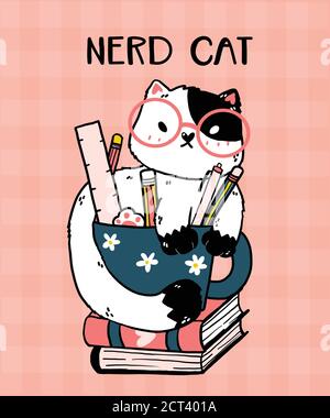 Carino gatto doodle con gli occhiali sedersi in tazza a matita sul libro, vettore gatto fumetto illustrazione idea per la sublimazione di stampa, adesivi e pianificatore e roba di capretto Illustrazione Vettoriale