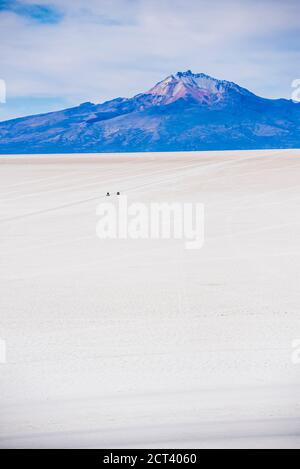 Tour in 4x4 delle saline di Uyuni (Salar de Uyuni) visto dall'isola chiamata Isla Incahuasi, Uyuni, Bolivia, Sud America Foto Stock