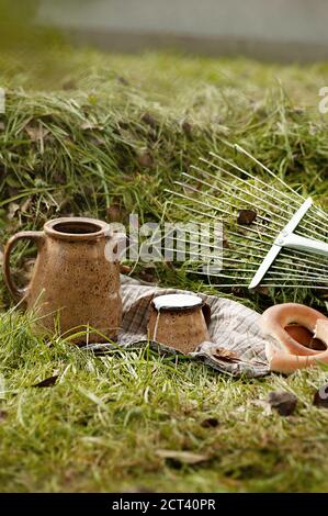 Pasto rurale all'aperto, coppa marrone ceramica con latte, pasticceria e caraffa su tovagliolo scacchi, raccolto erba e forchetta di metallo sullo sfondo, selectiv Foto Stock