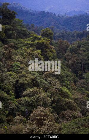 Ecuador. Due persone sulla Mashpi Lodge Sky Bike nella foresta pluviale Choco, Ecuador, Sud America Foto Stock