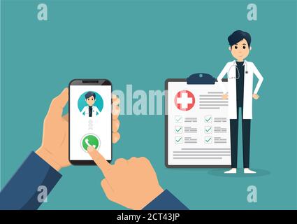 Smartphone a mano con medico di sesso maschile su chiamata e una consultazione online. Immagine piatta vettoriale. Illustrazione Vettoriale