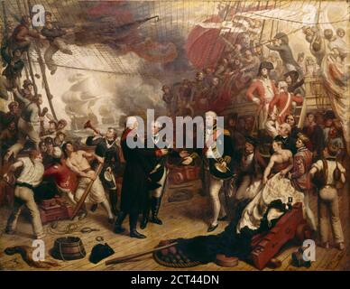 L'Ammiraglio Duncan riceve la Spada dell'Ammiraglio olandese de Winter nella battaglia di Camperdown, il 11 ottobre 1797. L'ammiraglio Adam Duncan (1 luglio 1731 – 4 agosto 1804) è stato un ammiraglio britannico che ha sconfitto la flotta olandese al largo di Camperdown (a nord di Haarlem) il 11 ottobre 1797. Questa vittoria è considerata una delle azioni più significative nella storia navale. Foto Stock