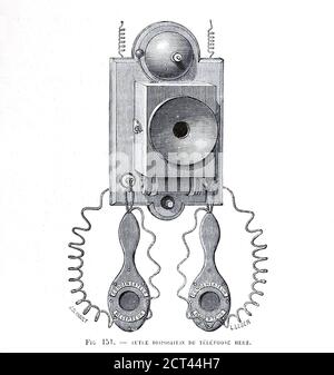 Vertical Herz Telefono dal Libro Les merveilles de la science, ou Descrizione populaire des invenzioni modernes [le meraviglie della scienza, o Descrizione popolare delle invenzioni moderne] di Figuier, Louis, 1819-1894 pubblicato a Parigi 1867 Foto Stock