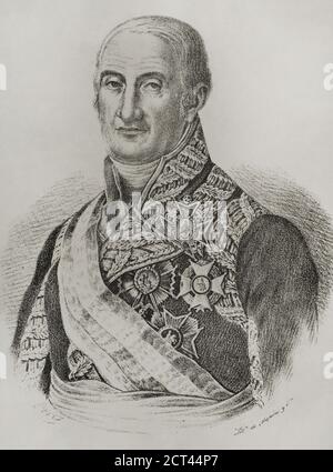 Francisco Javier Castaños Aragorri (1758-1852). Militar y político español. Participó de forma destacada durante las guerras revolucionarias francesas y la Guerra de la Indepencencia Española. Presidente del Consejo de Regencia it 1810. Ritrato. Grado. Historia del Levantamiento, Guerra y Revolución de España, por el Conde de Toreno. Madrid,1852. Foto Stock