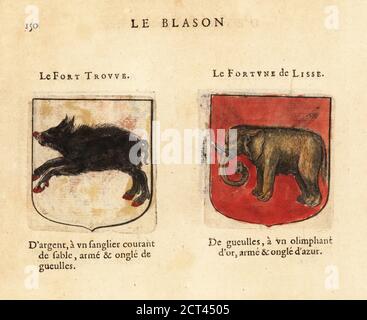 Stemmi immaginari del settimo e ottavo capitolo dei Cavalieri della Tavola rotonda di Re Artù: I forti sempre trovati, con cinghiale nero su campo d'argento, e il fortunato Cavaliere delle Isole, con elefante d'oro su campo rosso. Chevaliers de la table ronde: Le Fort Trovve, le Fortune de Lisse. Incisione a blocchi di legno colorato a mano da le Blason des Armoiries di Hierosme de Bara, Chez Rolet Bouton, Parigi, 1628 Foto Stock