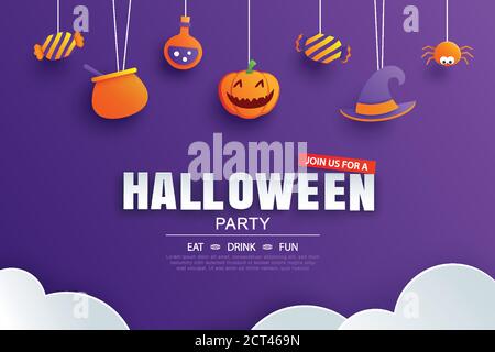Invito alla festa di Halloween con disegno di elemento di arte della carta per biglietto d'auguri, banner, poster, invito. Illustrazione Vettoriale
