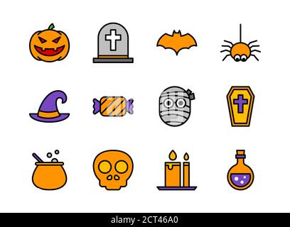 Icona di Halloween Imposta lo stile della linea di colore. Simboli per sito Web, stampa, rivista, app e design. Illustrazione Vettoriale