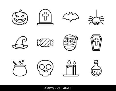 Icona di Halloween Imposta lo stile del contorno. Simboli per sito Web, stampa, rivista, app e design. Illustrazione Vettoriale