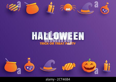 Invito alla festa di Halloween con disegno di elemento di arte della carta per biglietto d'auguri, banner, poster, invito. Illustrazione Vettoriale