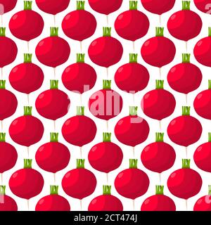 Illustrazione sul tema di ravanello rosso brillante modello, radice vegetale per sigillo. Modello vegetale costituito da un bel ravanello rosso, molte radici. Semplice c Illustrazione Vettoriale