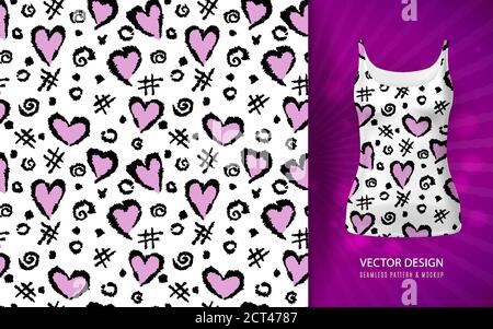 Sfondo astratto con un modello di cuori, un reticolo e macchie. Pattern cardiaco su singlet mock up. Illustrazione vettoriale disegnata a mano. Illustrazione Vettoriale