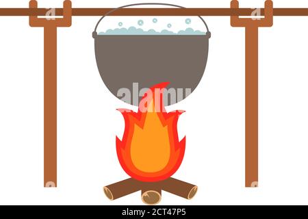 Bollitore per la caccia alla marcia acqua bollente. Legna da ardere. Illustrazione Vettoriale