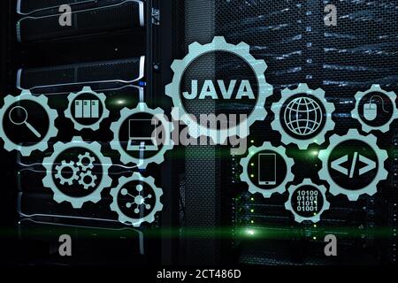 Java Programming concept. Macchina virtuale. Sulla sala server sfondo. Foto Stock