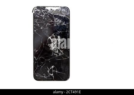 Rottura dello schermo del vetro del telefono cellulare su sfondo bianco isolato Foto Stock