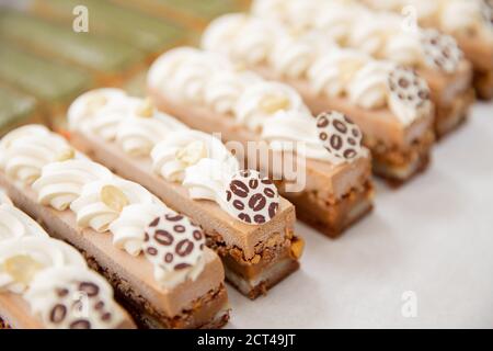 Primo piano di una fila di biscotti al cioccolato e brownie freschi con noci e pistacchi catering Foto Stock